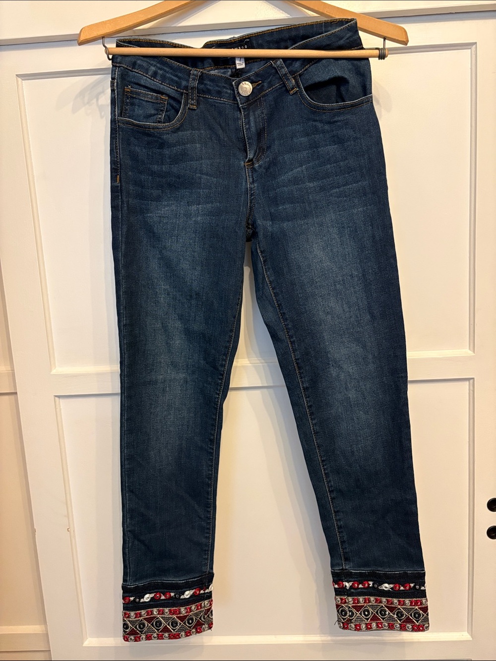 Boom Boom Jeans Dark Blue Cropped Jeans with Decorative Embroidered Cuffs